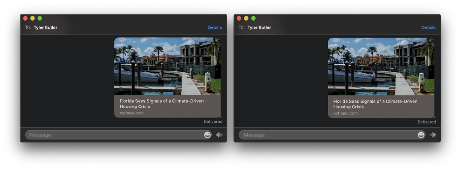 Pictured above, previews of a real NYT article being sent via iMessage(left) and a spoofed NYT article which points to an attacker-owned domain (right)